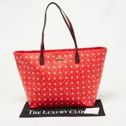 Pre Owned Kate Spade Red/Burgundy Coated Canvas and Leather Shore Street Fiesta Dot Shopper Tote