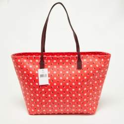Pre Owned Kate Spade Red/Burgundy Coated Canvas and Leather Shore Street Fiesta Dot Shopper Tote