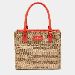 Kate Spade Beige/Neon Orange Wicker and Leather Bucket Bag