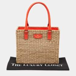 Kate Spade Beige/Neon Orange Wicker and Leather Bucket Bag