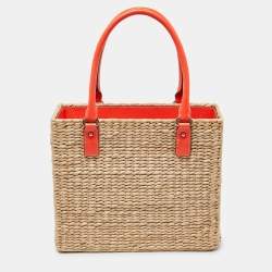 Kate Spade Beige/Neon Orange Wicker and Leather Bucket Bag