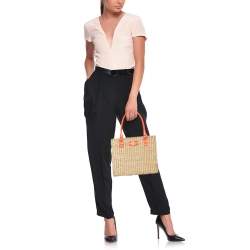 Kate Spade Beige/Neon Orange Wicker and Leather Bucket Bag