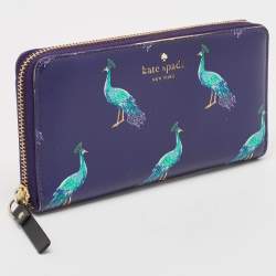Pre Owned Kate Spade Purple Leather Peacock Print Zip Continental Wallet