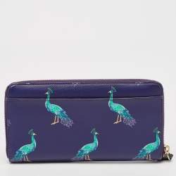 Pre Owned Kate Spade Purple Leather Peacock Print Zip Continental Wallet