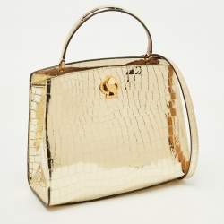 Pre Owned Kate Spade Gold Croc Embossed Patent Leather Small Romy Top Handle Bag