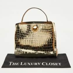 Pre Owned Kate Spade Gold Croc Embossed Patent Leather Small Romy Top Handle Bag
