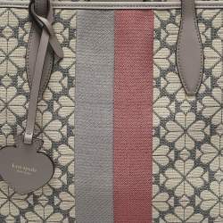 Kate Spade Grey Canvas and Leather  Flower Stripe Market Tote 