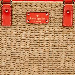 مملوكة مسبقًا Kate Spade Beige/Neon Orange Wicker and Leather Basket Tote