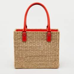 مملوكة مسبقًا Kate Spade Beige/Neon Orange Wicker and Leather Basket Tote