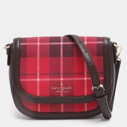 Pre Owned Kate Spade Red/Brown Canvas and Leather Blake Plaid Crossbody Bag