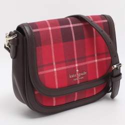 Pre Owned Kate Spade Red/Brown Canvas and Leather Blake Plaid Crossbody Bag