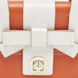 Pre Owned حقيبة يد جلد برتقالي/أبيض مع قفل فيونكة كيت سبيد