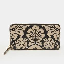 Pre Owned Kate Spade Black/Beige Damask Print Leather Zip Around Continental Wallet