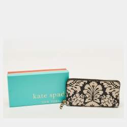 Pre Owned Kate Spade Black/Beige Damask Print Leather Zip Around Continental Wallet