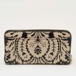 Pre Owned Kate Spade Black/Beige Damask Print Leather Zip Around Continental Wallet