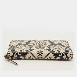 Pre Owned Kate Spade Black/Beige Damask Print Leather Zip Around Continental Wallet