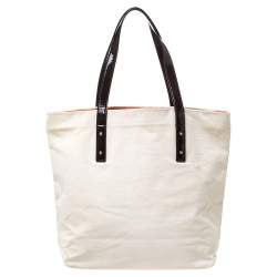 Pre Owned Kate Spade Cream/Brown Canvas and Patent Leather  Whats The Skinny Shopper Tote
