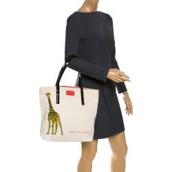 Pre Owned Kate Spade Cream/Brown Canvas and Patent Leather  Whats The Skinny Shopper Tote