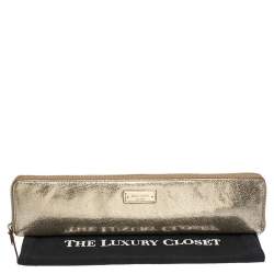 Pre Owned Kate Spade Gold Leather Zip Around Long Clutch