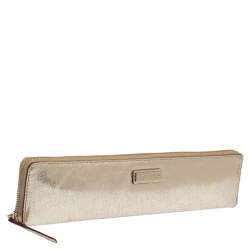 Pre Owned Kate Spade Gold Leather Zip Around Long Clutch