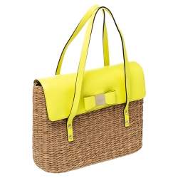Pre Owned Kate Spade Lemon Green Straw and Leather Large New York Luisa Tote