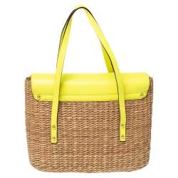Pre Owned Kate Spade Lemon Green Straw and Leather Large New York Luisa Tote