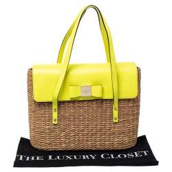 Pre Owned Kate Spade Lemon Green Straw and Leather Large New York Luisa Tote