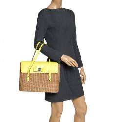 Pre Owned Kate Spade Lemon Green Straw and Leather Large New York Luisa Tote