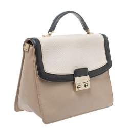 Pre Owned Kate Spade Beige/Black Snakeskin Embossed Leather Pushlock Flap Top Handle Bag