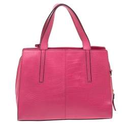 Pre Owned Kate Spade Pink Croc Embossed Leather Zip Tote