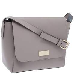 Pre Owned Kate Spade Pale Lilac Leather Logo Plague Flap Shoulder Bag