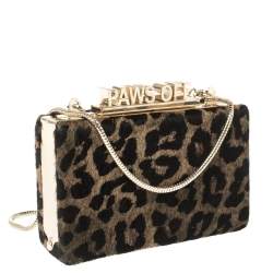 مملوكة مسبقًا Kate Spade Brown Leopard Print Calfhair Paws Off Box Chain Clutch