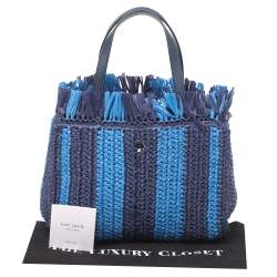 Pre Owned Kate Spade Two Tone Blue Sam Stripe Straw and Leather Medium Tote