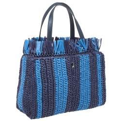 Pre Owned Kate Spade Two Tone Blue Sam Stripe Straw and Leather Medium Tote