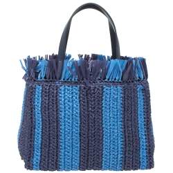 Pre Owned Kate Spade Two Tone Blue Sam Stripe Straw and Leather Medium Tote