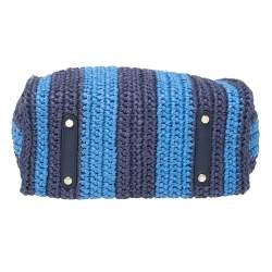 Pre Owned Kate Spade Two Tone Blue Sam Stripe Straw and Leather Medium Tote