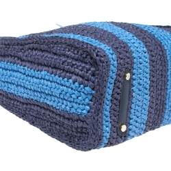 Pre Owned Kate Spade Two Tone Blue Sam Stripe Straw and Leather Medium Tote