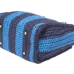 Pre Owned Kate Spade Two Tone Blue Sam Stripe Straw and Leather Medium Tote