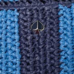 Pre Owned Kate Spade Two Tone Blue Sam Stripe Straw and Leather Medium Tote