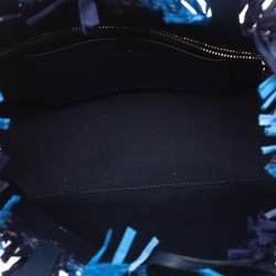 Pre Owned Kate Spade Two Tone Blue Sam Stripe Straw and Leather Medium Tote