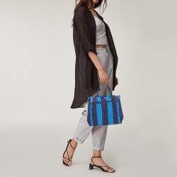 Pre Owned Kate Spade Two Tone Blue Sam Stripe Straw and Leather Medium Tote