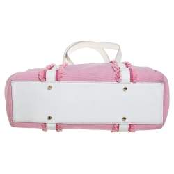 Pre Owned Kate Spade Pink/White Canvas and Leather Metal Plate Tote