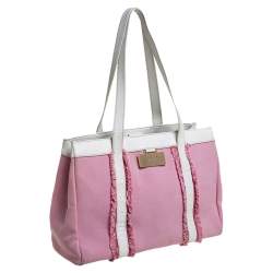 Pre Owned Kate Spade Pink/White Canvas and Leather Metal Plate Tote