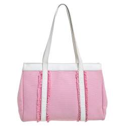 Pre Owned Kate Spade Pink/White Canvas and Leather Metal Plate Tote