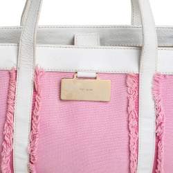 Pre Owned Kate Spade Pink/White Canvas and Leather Metal Plate Tote