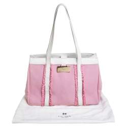 Pre Owned Kate Spade Pink/White Canvas and Leather Metal Plate Tote
