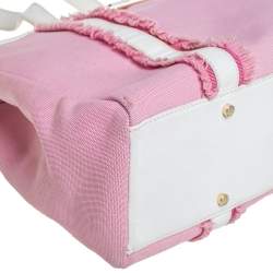 Pre Owned Kate Spade Pink/White Canvas and Leather Metal Plate Tote