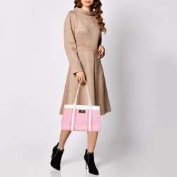 Pre Owned Kate Spade Pink/White Canvas and Leather Metal Plate Tote