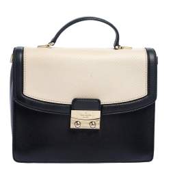 Pre Owned Kate Spade Black/White Snakeskin Embossed and Leather Pushlock Flap Top Handle Bag