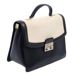 Pre Owned Kate Spade Black/White Snakeskin Embossed and Leather Pushlock Flap Top Handle Bag